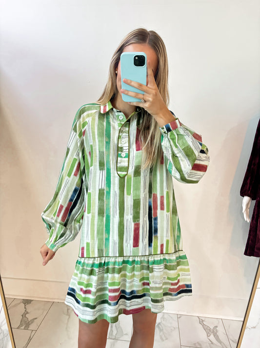 Abstract Striped Long Sleeve Dress In Olive