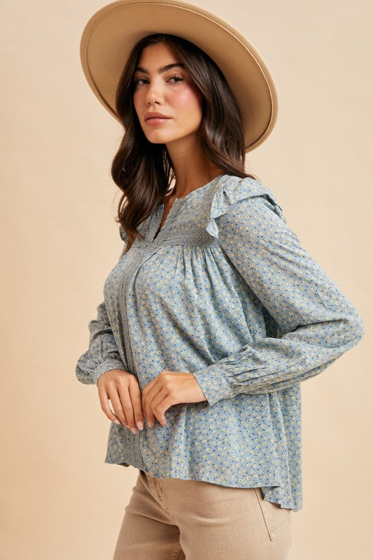 Chambray Ruffle Shoulder V Neck Long Sleeve Blouse