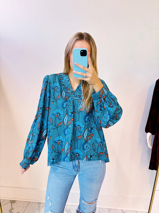 Long Puff Sleeves V-Neck Floral Top