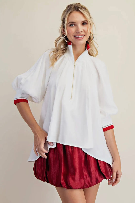 Taylor White & Crimson V-Neck Zipper Short Sleeve Top