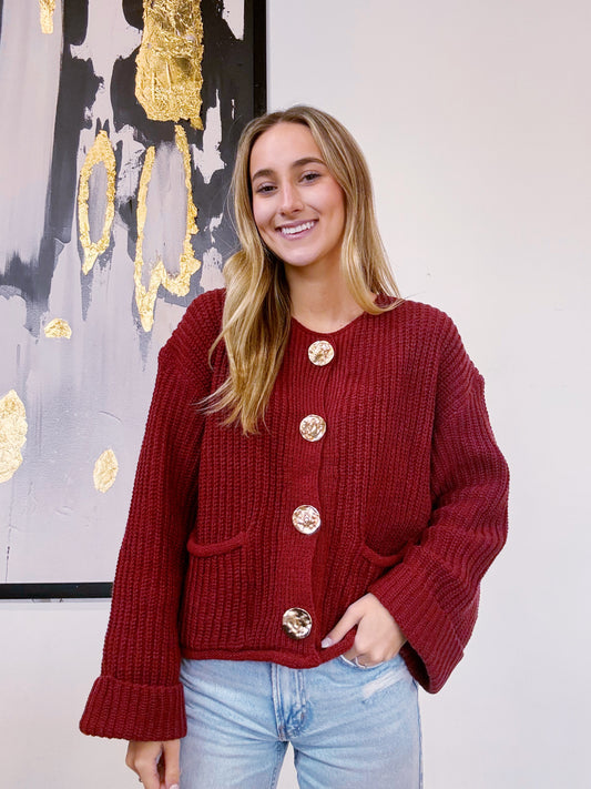 Luxe Vintage Gold Button Detail Front Pocket Cardigan