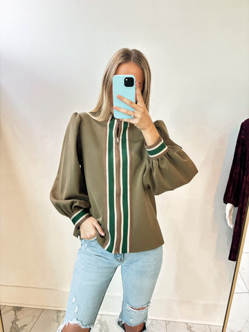 Color Rib Band Trim Accent Casual Zip Up Top