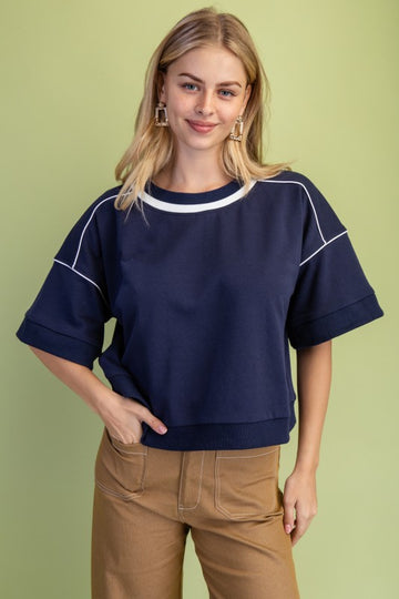 Navy & White Short Sleeve Sweatshirt