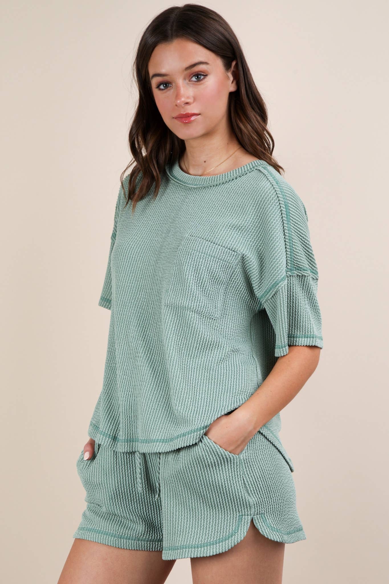 Nadia Oversized Two Tone Double Knit Top & Shorts Sage