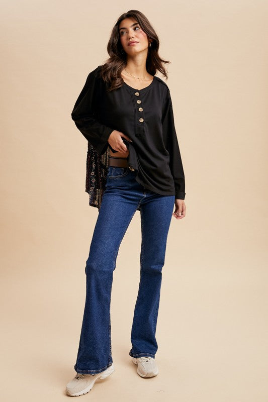 Oversized Henley Top With Print Contrasted Back