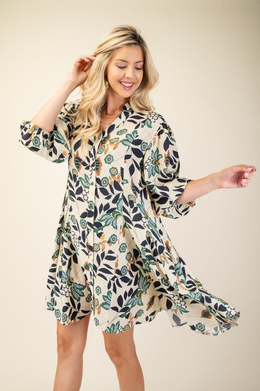 Caroline Floral Printed 3/4 Sleeve Shirt Dress