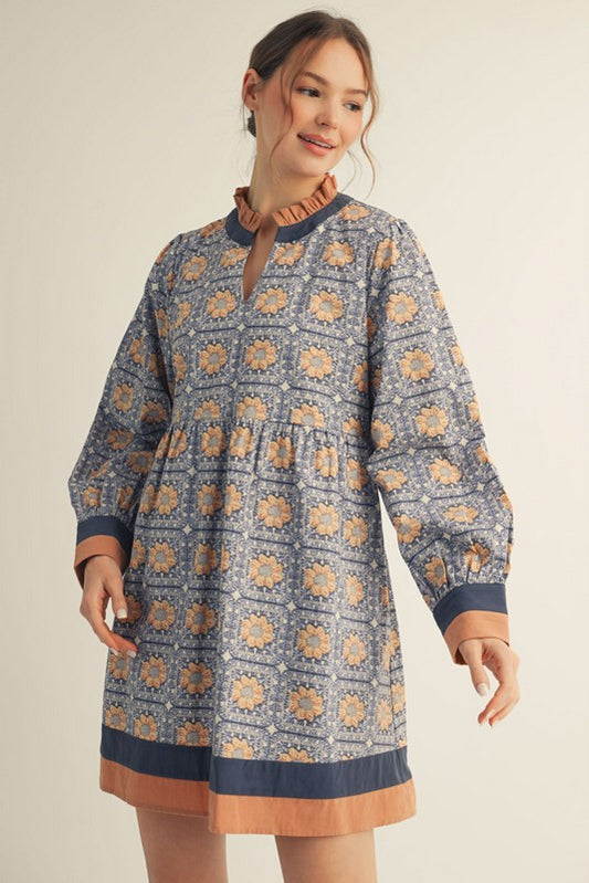 Ruffled Neck Floral Dress