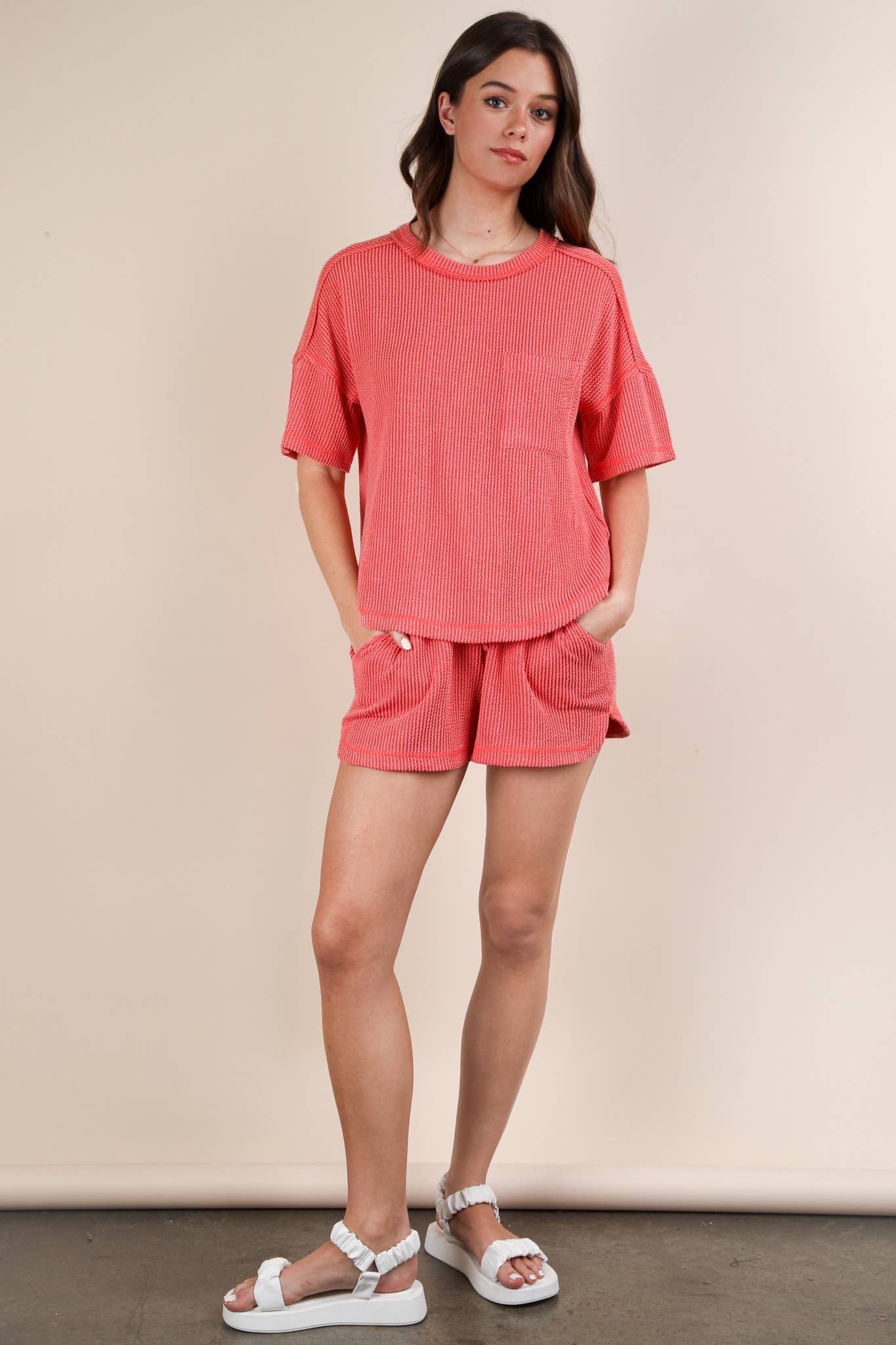 Nadia Oversized Two Tone Double Knit Top & Shorts Coral