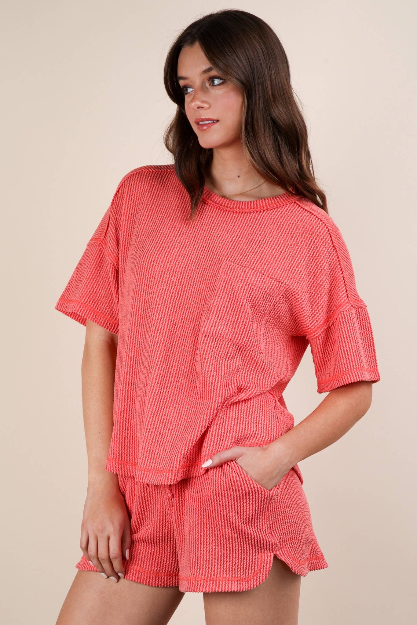 Nadia Oversized Two Tone Double Knit Top & Shorts Coral