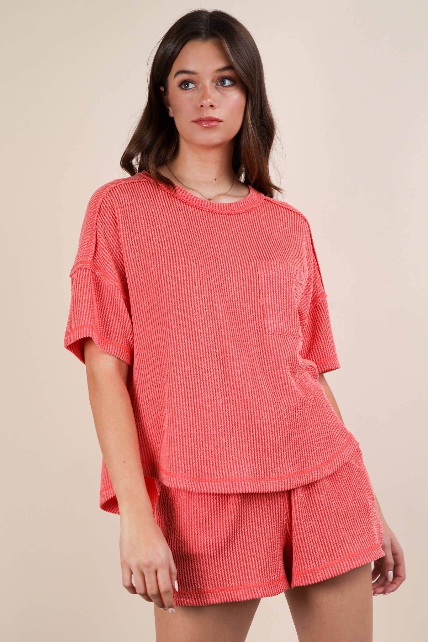 Nadia Oversized Two Tone Double Knit Top & Shorts Coral