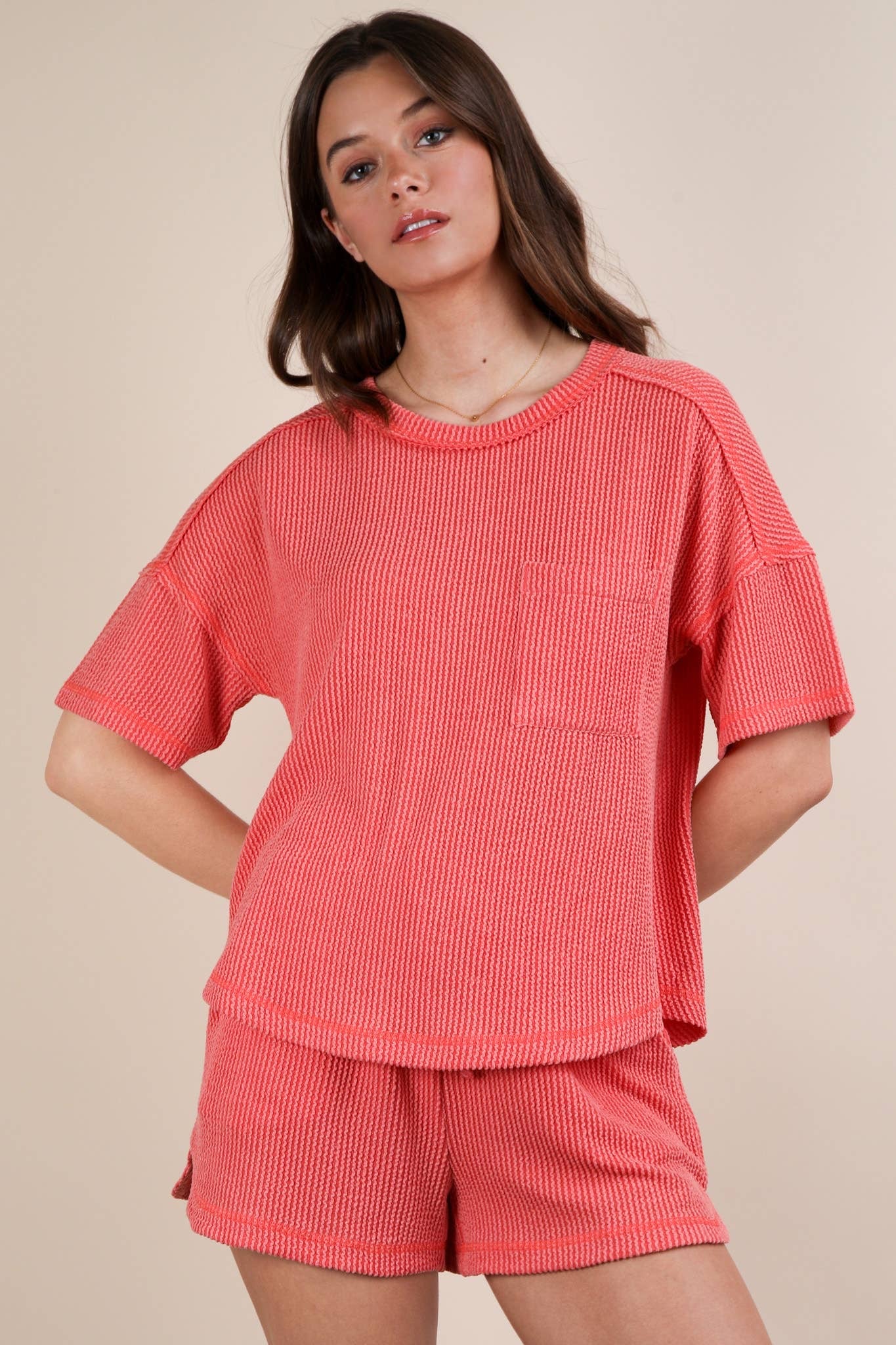 Nadia Oversized Two Tone Double Knit Top & Shorts Coral