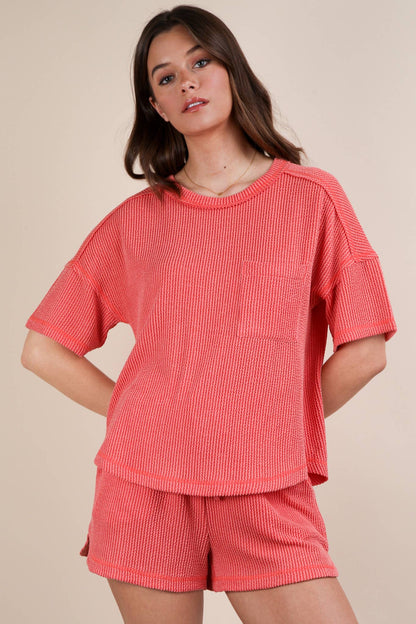 Nadia Oversized Two Tone Double Knit Top & Shorts Coral