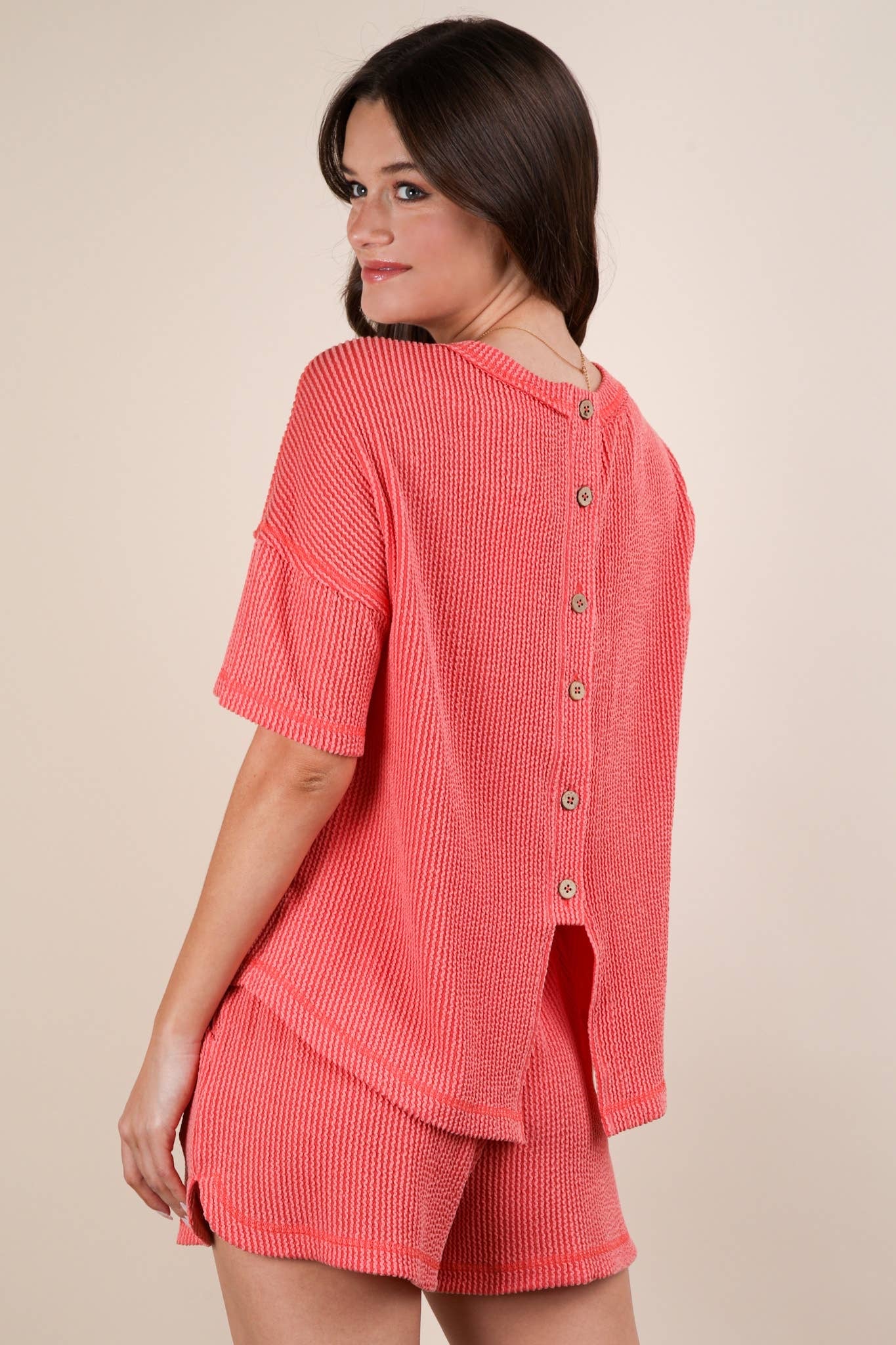 Nadia Oversized Two Tone Double Knit Top & Shorts Coral