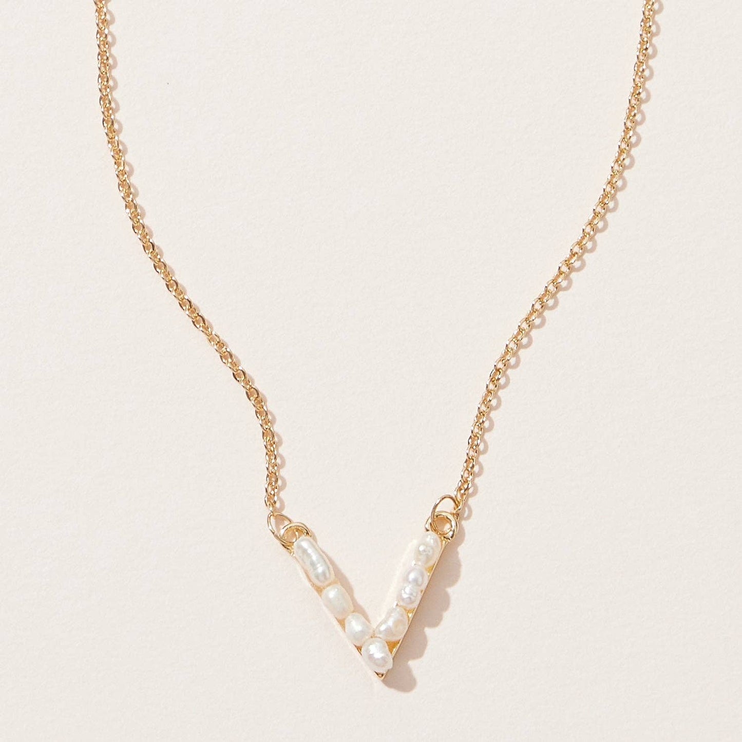 Freshwater Pearl Paved V shape Pendant Necklace