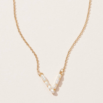 Freshwater Pearl Paved V shape Pendant Necklace