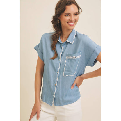 Washed Chambray Button-Down Shirt With Stitching