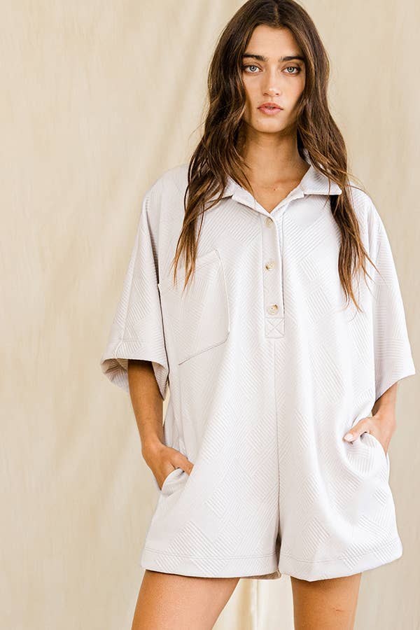 Bucketlist Solid Textured Oversize Button Up Collared Romper