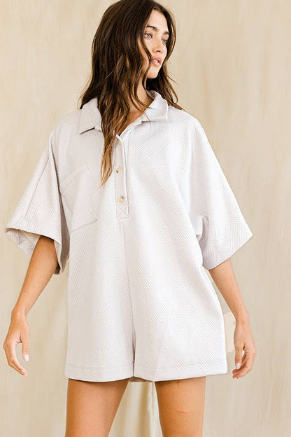 Bucketlist Solid Textured Oversize Button Up Collared Romper