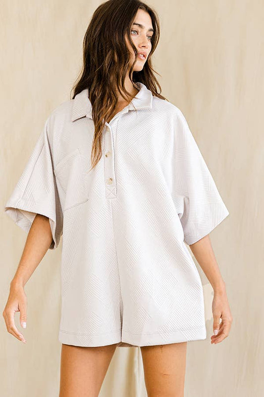 Bucketlist Solid Textured Oversize Button Up Collared Romper