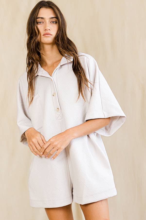 Bucketlist Solid Textured Oversize Button Up Collared Romper