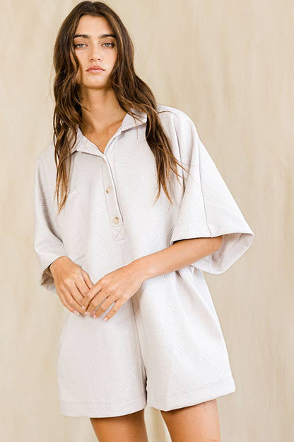 Bucketlist Solid Textured Oversize Button Up Collared Romper