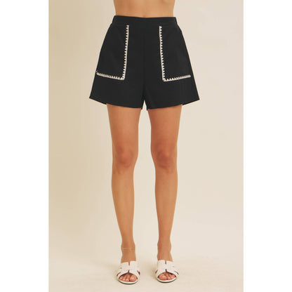 Elastic Waistband Linen Shorts With Embroidery