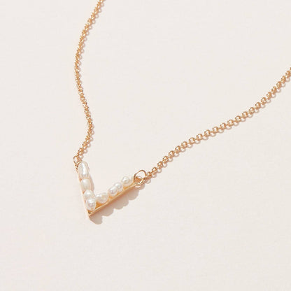 Freshwater Pearl Paved V shape Pendant Necklace