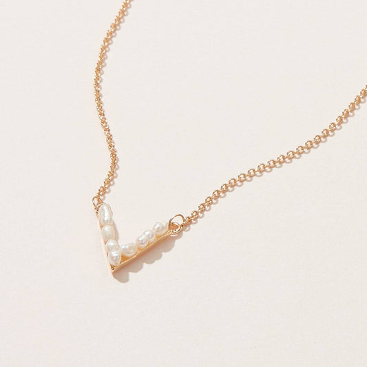 Freshwater Pearl Paved V shape Pendant Necklace