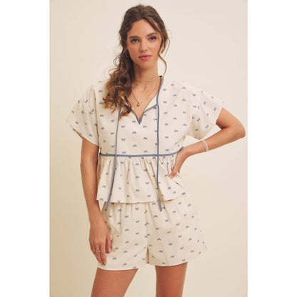 Cute Bow Printed Linen-Like Comfy Shorts With Stretchy Waist