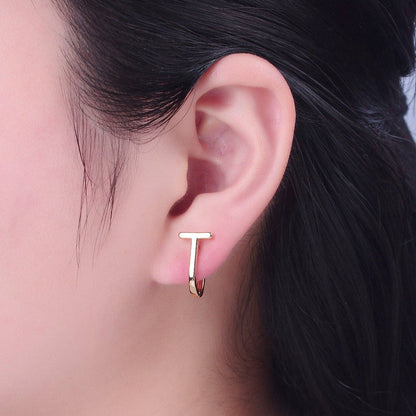 24K Gold Filled T Huggie Hoop Earring
