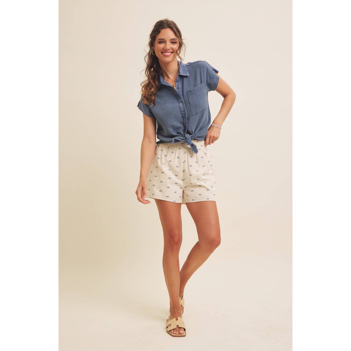 Cute Bow Printed Linen-Like Comfy Shorts With Stretchy Waist