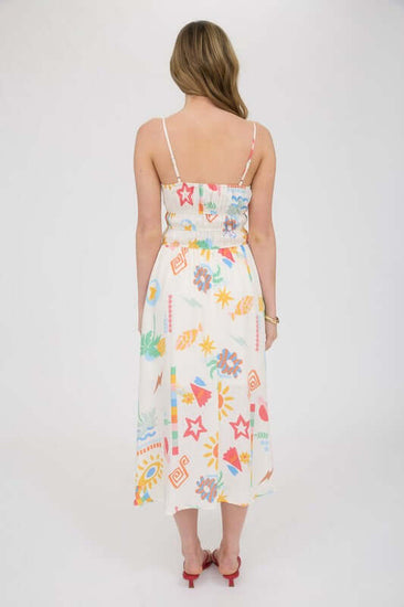 Back view of Destin Maxi Dress featuring adjustable spaghetti straps and colorful summer print.