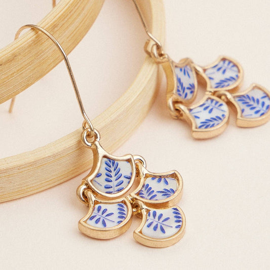Floral Inlay Design Gold & Blue Mother of Pearl Drop Earrings