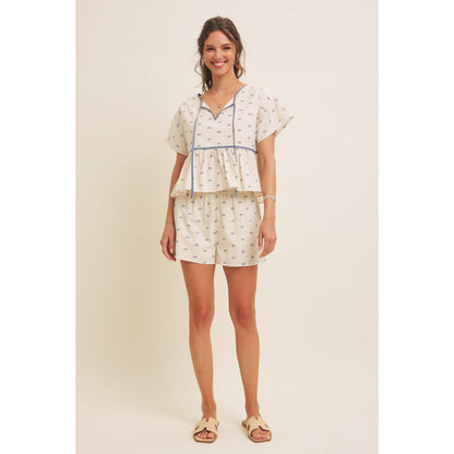 Cute Bow Printed Linen-Like Comfy Shorts With Stretchy Waist