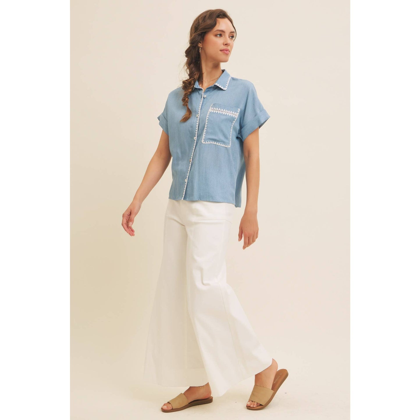 Washed Chambray Button-Down Shirt With Stitching