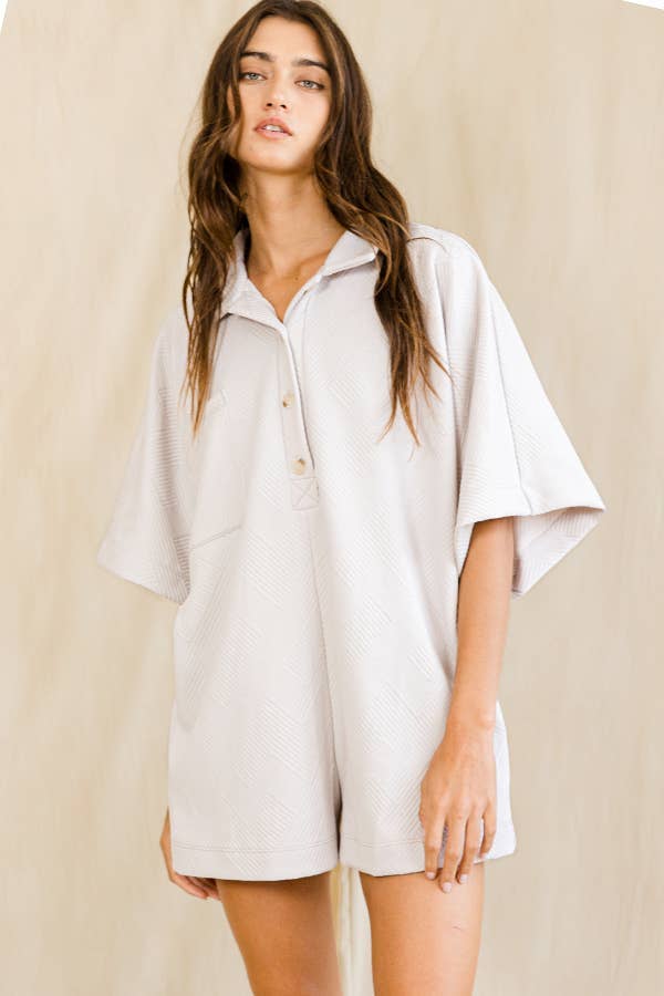 Bucketlist Solid Textured Oversize Button Up Collared Romper