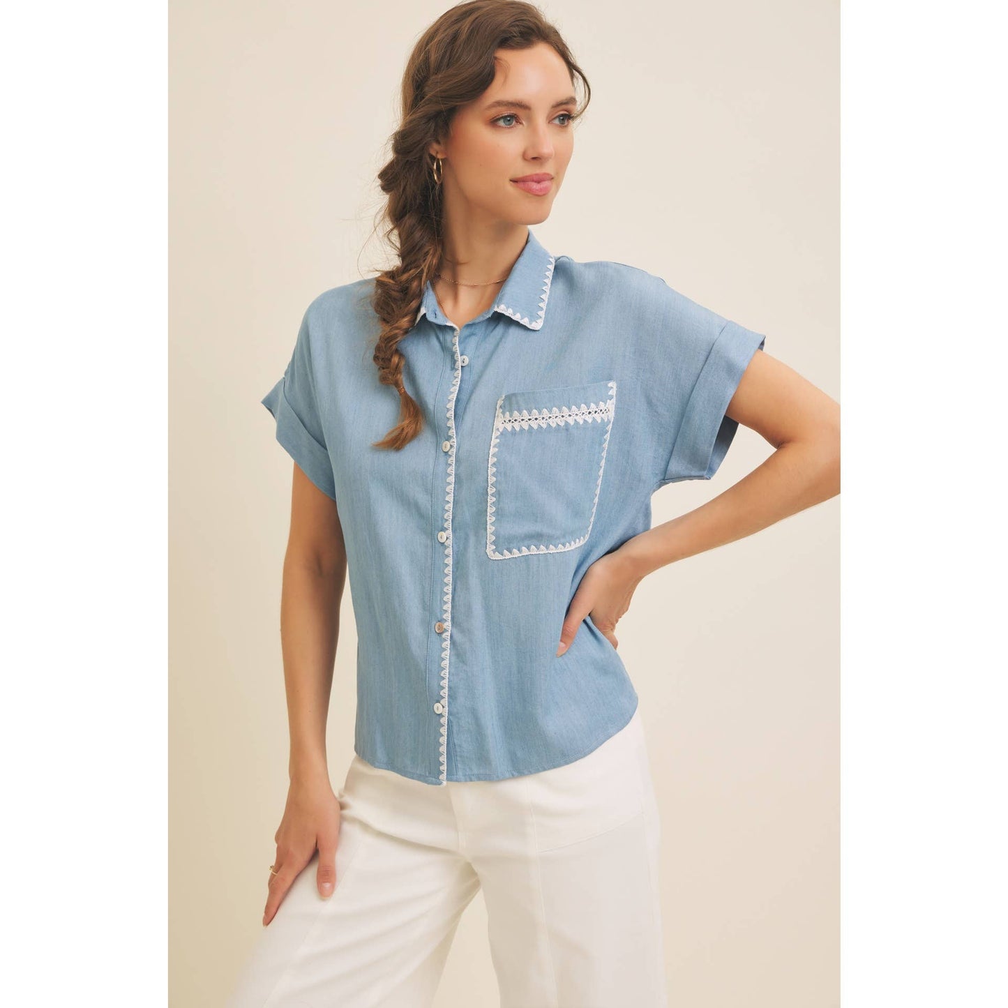 Washed Chambray Button-Down Shirt With Stitching