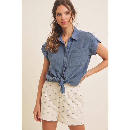 Cute Bow Printed Linen-Like Comfy Shorts With Stretchy Waist
