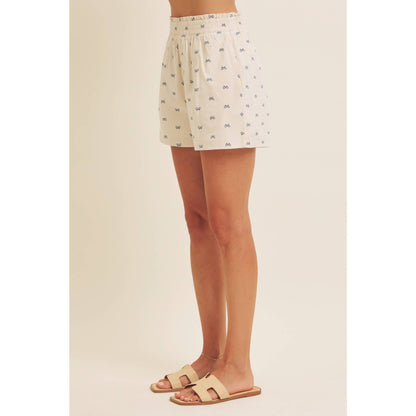 Cute Bow Printed Linen-Like Comfy Shorts With Stretchy Waist