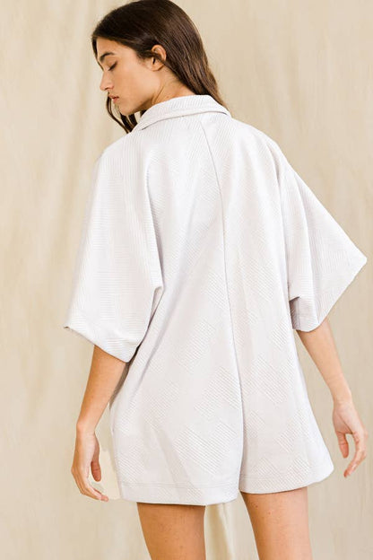 Bucketlist Solid Textured Oversize Button Up Collared Romper