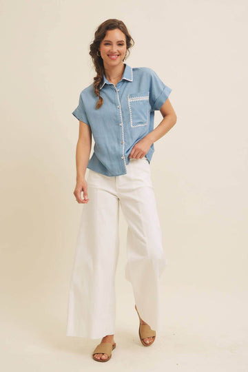 Washed Chambray Button-Down Shirt With Stitching