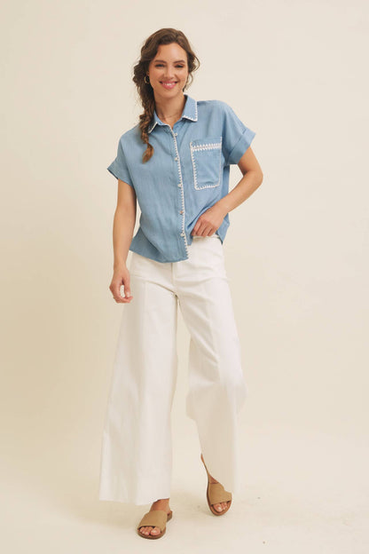 Washed Chambray Button-Down Shirt With Stitching