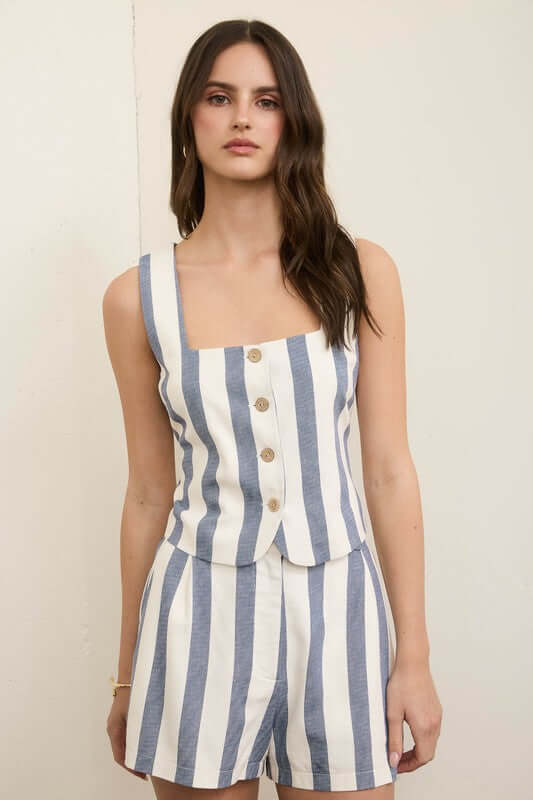 Jolie Linen Short Matching Set featuring striped mini shorts and a button-up top, crafted from breathable fabric.
