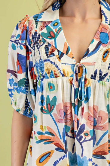 Colorful Summer Nights Collared Blouse with tie strings and smocking, perfect for casual outings.